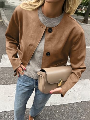 Cicy Bell Womens Faux Suede Leather Jackets Trendy Casual Cropped Outerwear Button Down Collarless Short Bomber Shackets4