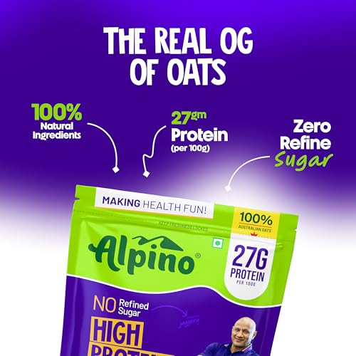 Image of ALPINO 27g High Protein Oats Dark Chocolate 400g - Rolled Oats, Protein Blend, Jaggery Powder, Cocoa Powder, Nuts & Seeds - Source of Dietary Fibre & Healthy Fats, No Refined Sugar & Salt