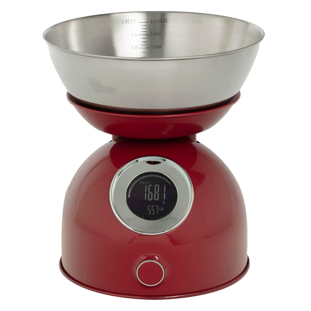 5five Balance de cuisine numérique avec bol amovible en acier inoxydable Affichage LED Fonction horloge Capacité 5 kg Réglage de la tare et de la mesure Rouge