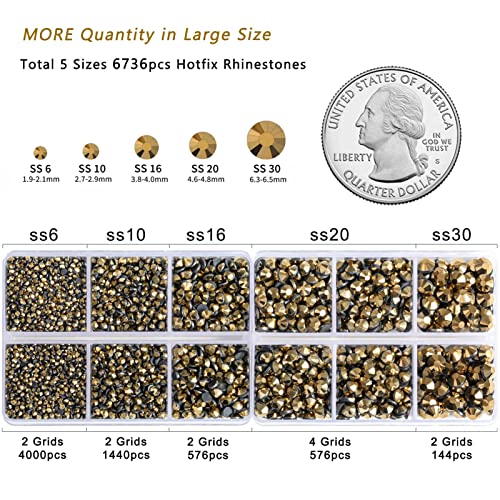 Image of 6736pcs Hotfix Rhinestones Flatback,Gold Rhinestones for Crafts Clothes Mixed 5 Sizes, Hotfix Crystals with Tweezers and Wax Pencil Kit, SS6-SS30,Aurum