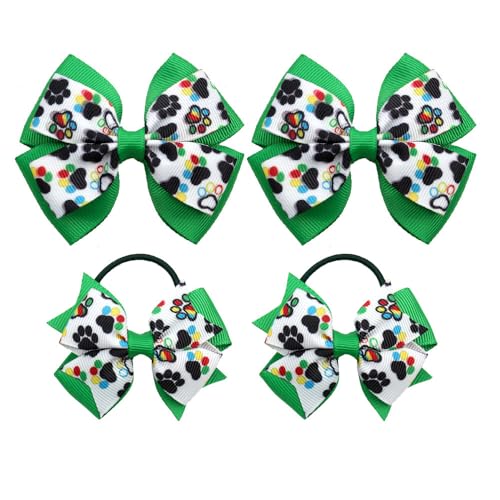 3.3' Dog Paw Print Hair Bow clips - 4Pcs Black Cute Paw Print Hair Bows Alligator Clips and Elastic Hair Ties Ponytail Holders for Girls Toddlers Teens Kids Party Accessories (Green)