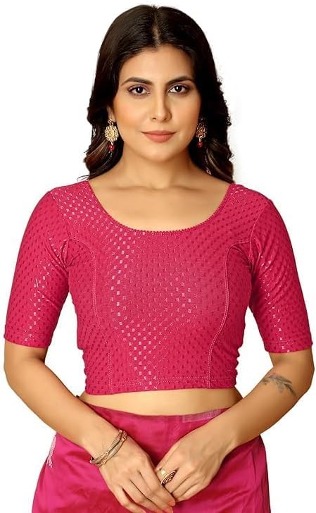 Women Readymade Saree Blouse with Short Sleeves, Stretchable Ethnic Blouse for Daily & Festive Comfortable Fit
