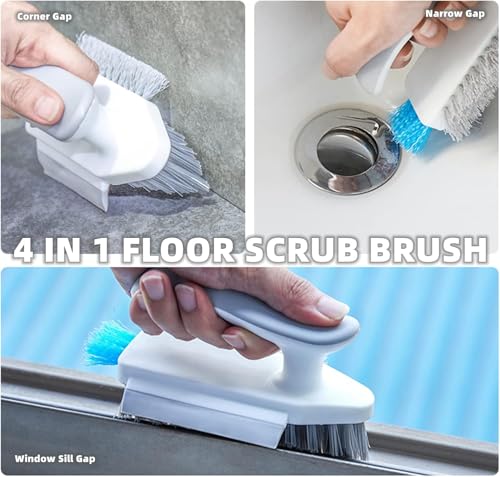 Image of UCRAVO White 4 in 1 Tile Brush,Floor Scrub with Squeegee, Cleaning Brushes with Comfort Handle, Floor Scrub Brush for Hardwood, Corners, Kitchen, Tile Joint, Bathroom, Sink, Window.