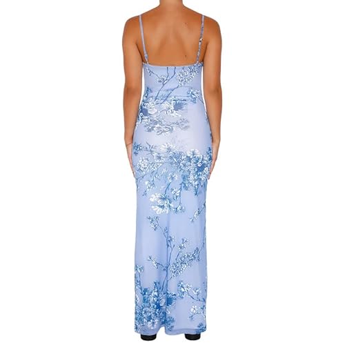 Women Y2K Spaghetti Strap Stain Maxi Dress 2023 Summer Sleeveless Deep V Neck Lace Patchwork Bodycon Midi Party Dress #TOP1