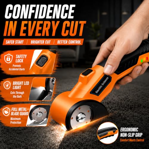 Image of Cordless Electric Scissors with 3 Tungsten Steel Blades, 2500mAh Battery, LED Light, High-Torque Motor, Cardboard Cutter for Fabric, Cardboard, Leather, Carpet, Wire Rope Cutters