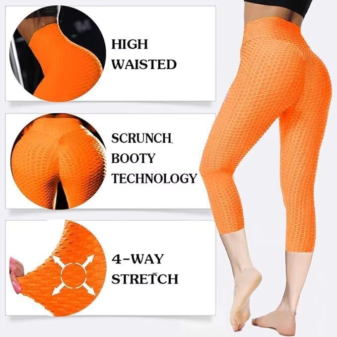 Msicyness Trending Leggings Women's High Waist Yoga Pants Ruched Butt Lift Leggings Textured Scrunch Booty Tights,Orange,L - Image 4