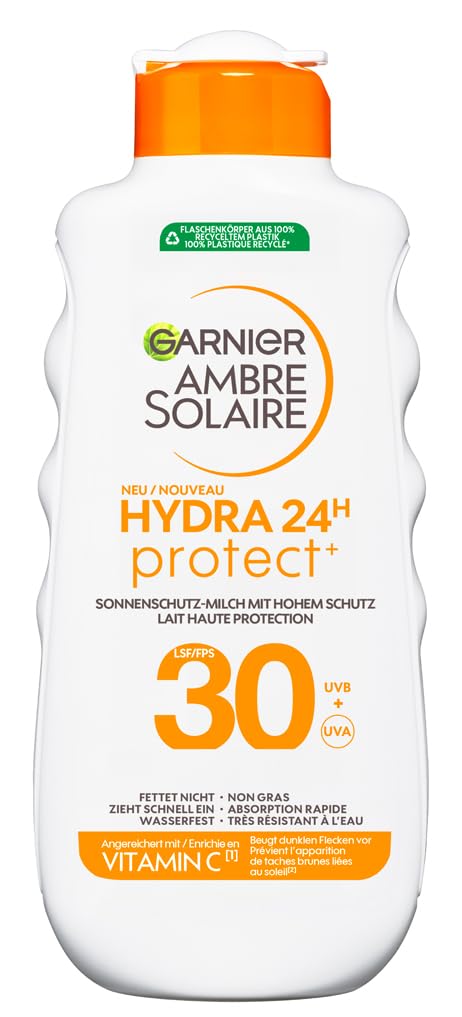 Garnier Ambre Solaire Hydra Protect+ 24h Sonnenschutz-Milch LSF 30 – Sonnencreme mit Vitamin C gegen dunkle Flecken – 24h Feuchtigkeit & wasserfester UV-Schutz – Für Gesicht & Körper - 175ml