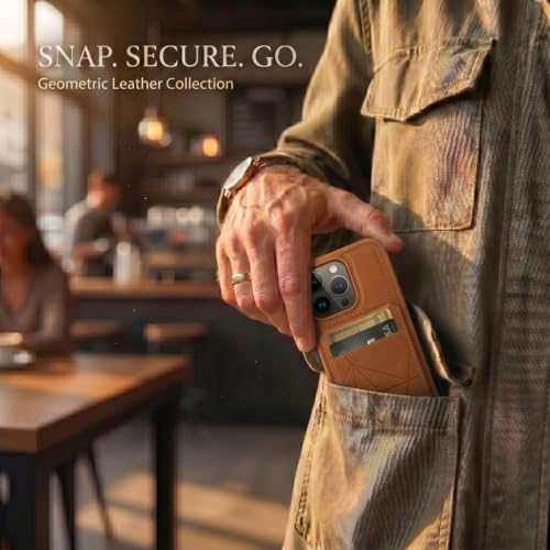 Image of amazon basics Premium Vegan Leather Back Cover with Card Holder and Integrated Mobile Stand for iPhone 14 Pro Max - Slim Shockproof Wallet Case with Geometric Stitching [Tan]