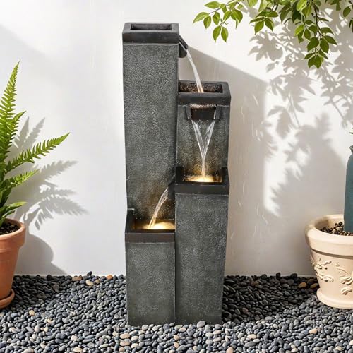 Image of SunJet 4-Tier Modern Water Fountain, Indoor /Outdoor Resin Water Fountains with Soothing Water Sounds, Perfect for Garden, Patio, Home & Office, 12.5 inch L x 9.4 inch W x 39.3 inch H