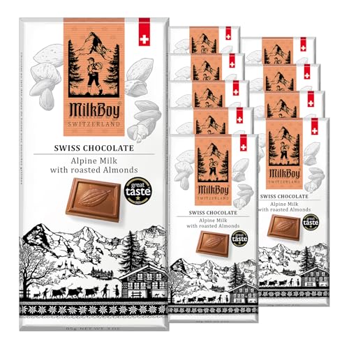 Milkboy Swiss Almond Chocolate Bars - Premium Swiss Alpine Milk Chocolate with Almonds - All Natural, Gluten-Free, Non-GMO - Made in Switzerland, Kosher - 3 oz, Pack 10