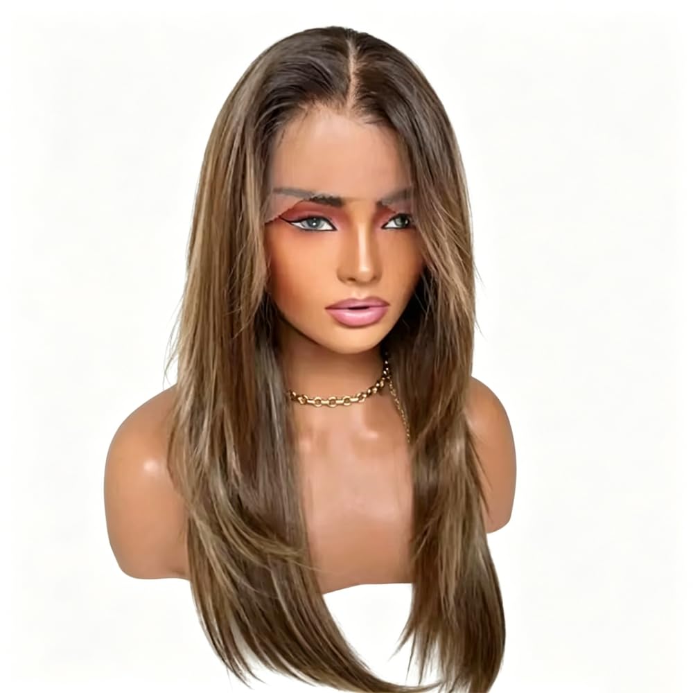 Haarpflege Mittelbraune Perücke Mit Blonden Natürlichen Glatten Haaren 13 X 4 Transparente Spitze Tägliches Tragen Cosplay