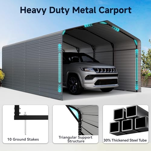 Image of 12x20FT Heavy Duty Metal Carport,Outdoor Garage with Metal Side Panels, Enclosed Car Ports with Heavy Duty Steel Frame and Galvanized Roof for Cars and Boats, Equipment Storage,Tools, Gray