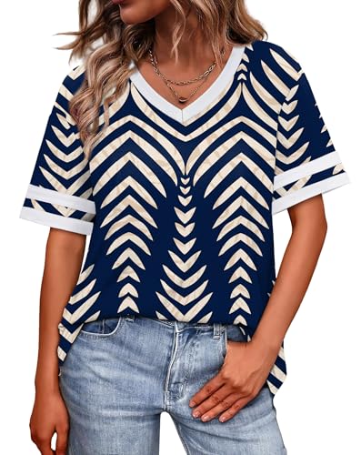 Image of WIHOLL Womens T Shirts Loose Fit Short Sleeve Tees V Neck Color Block Summer Tops 2026 Fashion S-4XL