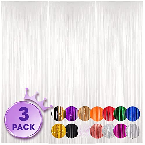 Voircoloria 3 Pack 3.3x8.2 Feet White Foil Fringe Backdrop Curtains Tinsel Streamers Birthday Party Decorations Fringe Backdrop for Graduation Baby Shower Gender Reveal Disco Party