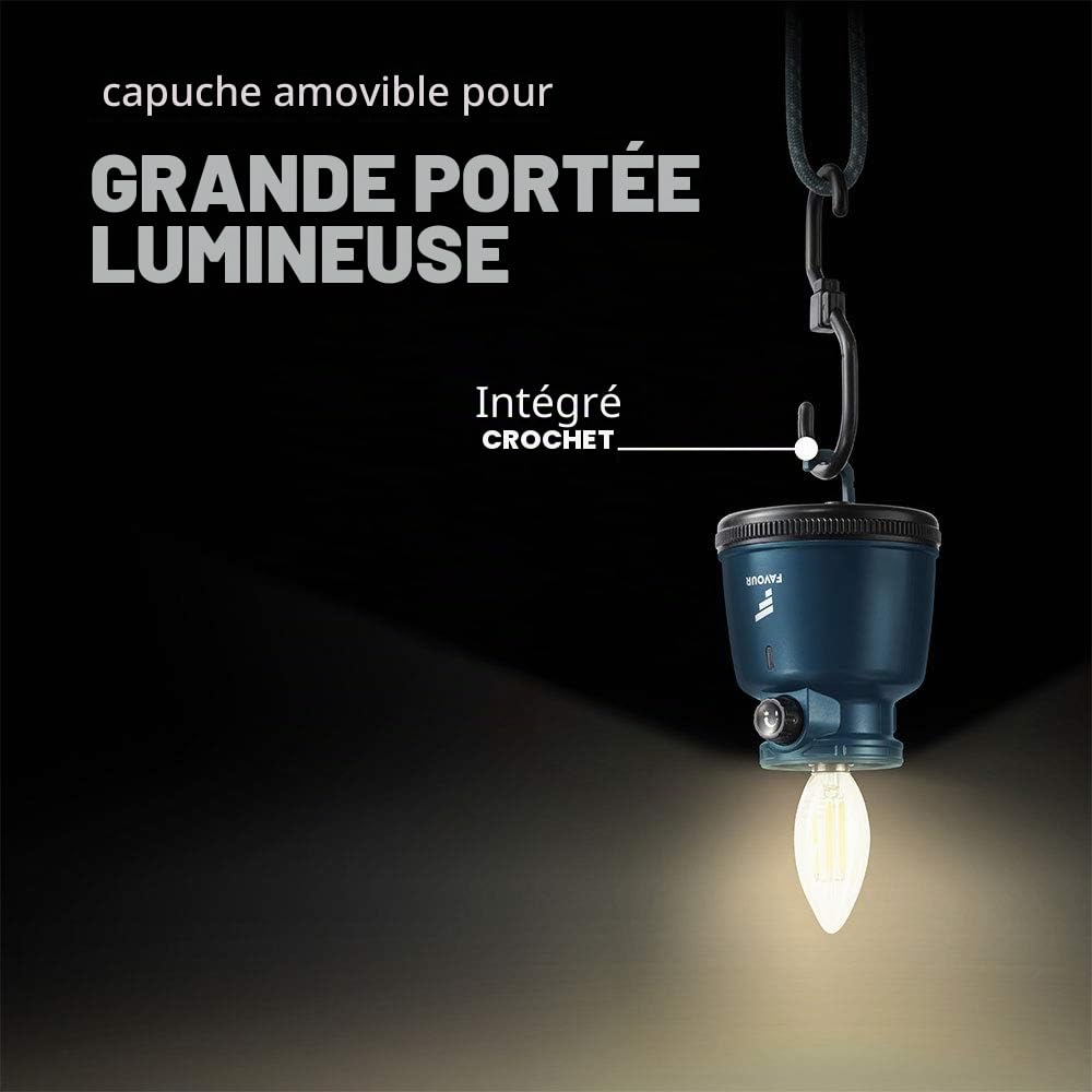 Favour Lampe LED Camping Rechargeable USB (inclus batterie), Style Retro | Lanterne exterieur 320 Lumens, Réglable en continu, Mode Éclairage Bougie, IP64 Étanche | Lampe de tente, crochet intégré