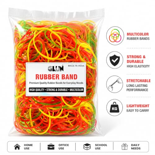 Image of GLUN 3 Inch Bright Multicolour 100g Rubber Band Pack, Highly Stretchable & Durable Elastic Bands for Office, Home, School & Packaging Use