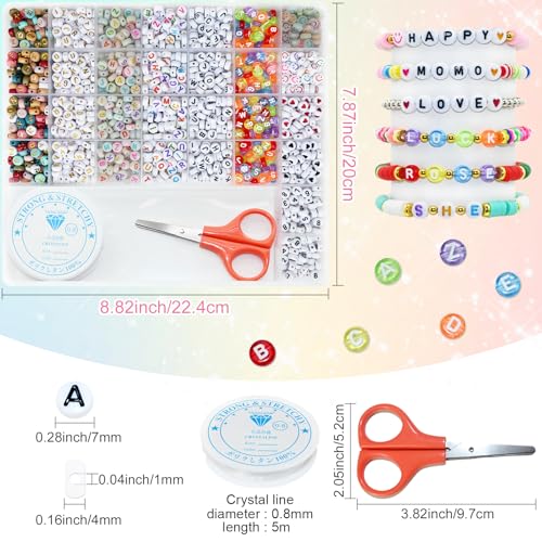 Image of Looconi 1500 Pieces 6 Colors Letter Alphabet Beads and Number Heart Beads Round Flat and Crystal Line for Jewelry Making