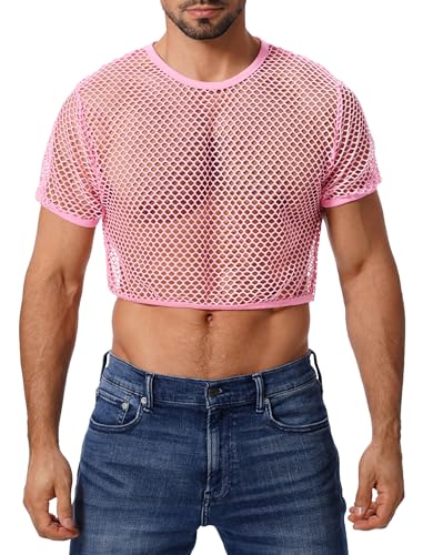 FYMNSI Men's Fishnet Top Mesh Tee Shirt Short Sleeve Round Neck Crop Top Party Club Rave Outfits for Men Muscle Workout Tank Tops See Through Undershirt Gym Training Sports Half Shirt Tops Pink XXL