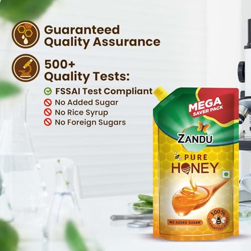 Image of Zandu Pure Honey 750gm Pouch Pack- Unbreakable, Easy to Pour, Travel Friendly,Guaranteed Purity, No Added Sugar, German Lab tested for Adulteration, 500+ Quality Tests