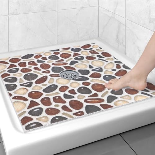 Image of Square Shower Mat Non Slip: 31x31 Inch Large Shower mats for Inside Shower with Drain Hole in Middle, Super Soft PVC Loofah Massage Shower Floor Mat, Anti Slip Shower Stall Mat, Quick Drying