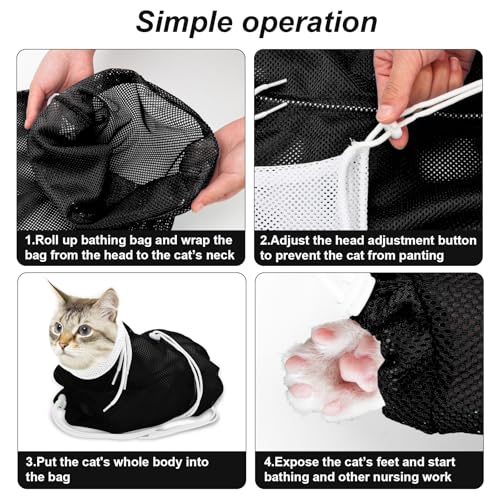 Image of Cat Bathing Bag, Breathable Mesh Cat Shower Bag Anti Scratch Adjustable Grooming Washing Bag for Nail Trimming Soft Polyester