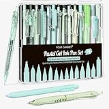 Four Candies Juego de 14 bolígrafos de tinta de gel pastel, bonito bolígrafo retráctil de punta fina de 0.5 mm, bolígrafos estéticos para tomar notas, paquete de 12 bolígrafos de tinta negra con 2