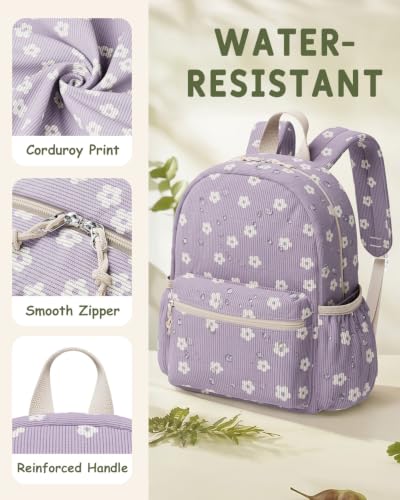 Image of Corduroy Kids Backpack for Boys Girls Ages 5-8 | 15 Inch Water-Resistant Lightweight School Bookbag for kindergarten and Elementary, 1st-3rd grade(Large,Purple Floral)