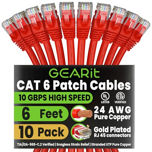 GEARit Cat6 Patch Cables Cat 6 Ethernet Cable 6 ft 10-Pack Red