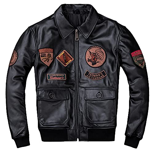 バイクジャケット空軍パイロットレザージャケット羊革ジャケット冬のバイカージャケットメンズジャケット綿の裏地暖かいジャケット (2XL, 黒い光面)
