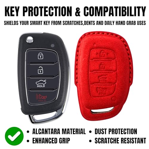 Image of KMH Alcantara Car Key Cover Compatible with Hyundai Alcazar Creta 2022 Venue i20 Tucson Elantra Smart keycover with Keychain 4 Button Shell Case Key Smart Keycover with Keychain (D2) Red - Pack of 1