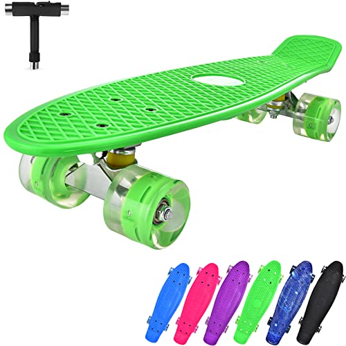 Skateboard Komplette Mini Cruiser Skateboard für Kinder Jugendliche Erwachsene, Led Leuchtrollen mit All-in-one Skate T-Tool für Anfänger (Grün) Cover