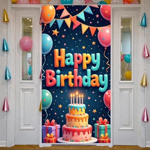 Colorful Happy Birthday Party Door Cover Banners Sign Decorations Birthday Backdrop Background with Cake Balloon Gift for Bday Party Decor Supplies Decorations Indoor Outdoor Kids Girls Boys