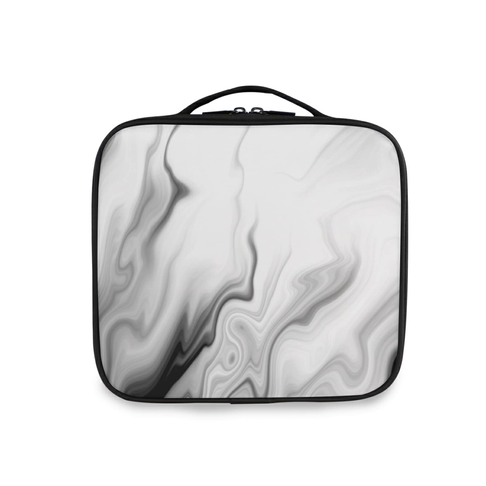 Black White Liquid Marble Agate Slab Paint Pastel Macro Wavy Women's Portable Makeup Bags with Handle, Adjustable Dividers, Travel Cosmetic Toiletry Accessories Storage Organizer for Girls