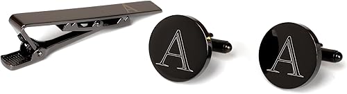 Miniatura 2 de Gemelos con inicial y clip de corbata para hombre, letras del alfabeto de la A a la Z, color negro, acero inoxidable, con caja de madera de nogal