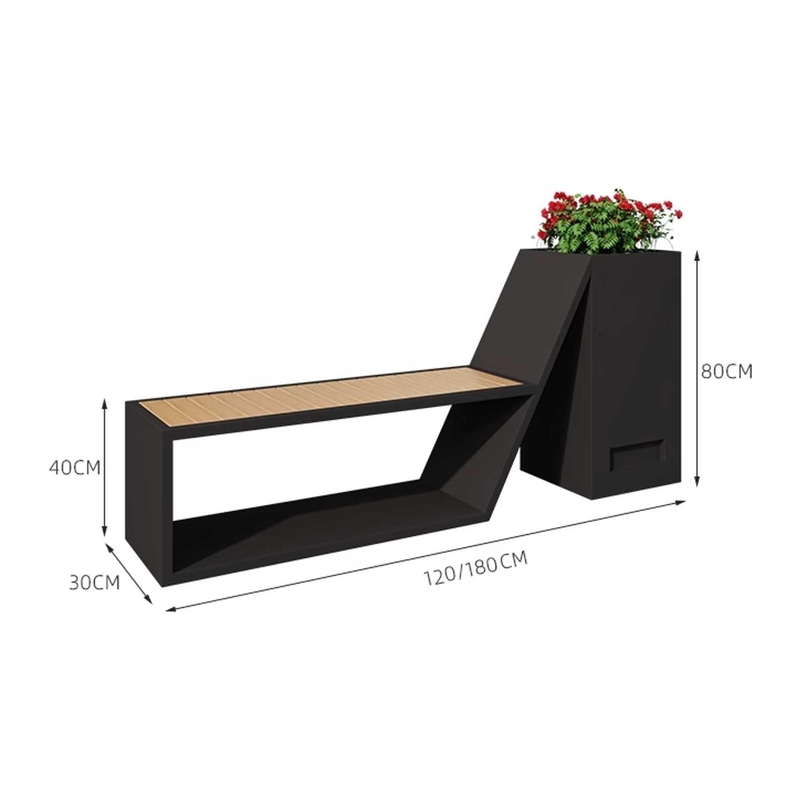 Banco de jardín de metal de hierro con maceta, asiento de parque al aire libre, negro, 180 x 30 x 80 cm, ideal para zonas de descanso comerciales y patios