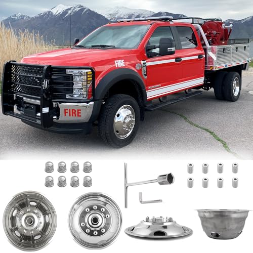 Image of 4pcs 19.5 inch Polished Stainless Steel Dually Wheel Simulators,Nice Looking and Durable Bolt On Wheel Cover, 10 Lug 5 Hand Hole Hubcaps Fit for 2005-2025 Ford F450 /F550 with Installation Tool