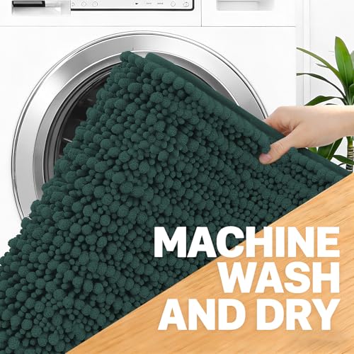 Image of OLANLY Long Bathroom Rugs Runner 59x24, Thick Soft and Absorbent Chenille Bath Mat, Non-Slip, Machine Washable Quick Dry Bath Rugs for Tub Shower Floor, Home Decor Accessories, Blackish Green