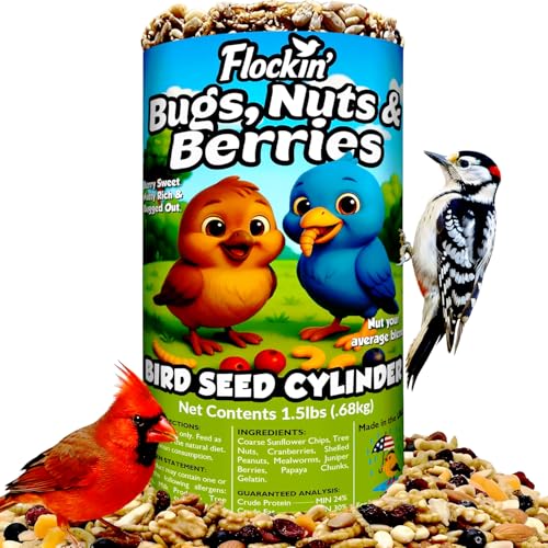 Bugs Nuts & Berries Bird Seed Cylinders with Hole Wild Bird Food for Blue Birds Woodpeckers Cardinals & More Premium Protein-Rich All Natural Blend No Fillers USA Made (4 x 7.75)