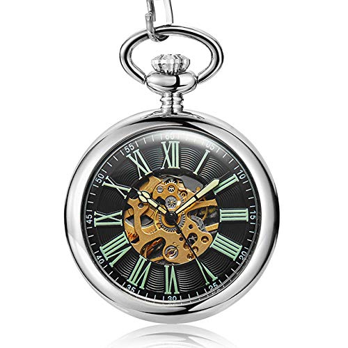 WRENDYY Pocket Watch Vintage Mechanical Pocket Watch Men Hollow Skeleton Unique Roman Numerals Steampunk Silver Hand-Winding Watches with Chains,Watch