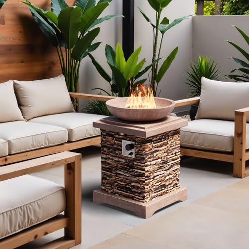 SUNBURY Outdoor Propane Fire Pit, Gas Fire Pit for Outside Patio, Stone Outdoor Fire Table Fire Column 40,000 BTU Propane Fire Tables Firepit Table w Lava Rocks, CSA Certified, Waterproof Cover