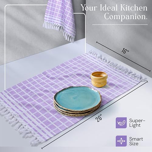 Image of Matrix Dobby Kitchen Towels 4 Pack, 16x26 Inches, 100% Cotton, Absorbent Reusable Dish Cloths with Handmade Tassels, Washable Hand Towels for Drying - Lavender, White