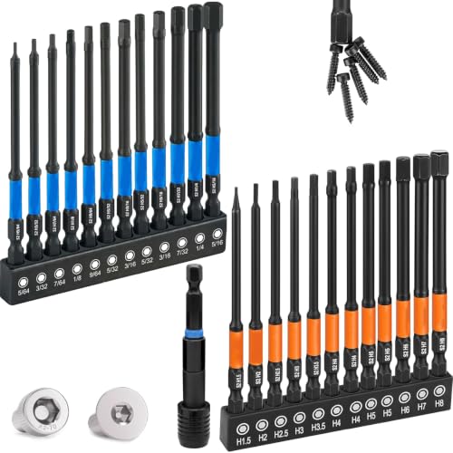 Allen Wrench Drill Bit Set 25pcs Hex Bit Set, Impact Driver Bit Set, Screwdriver Bit Set, Allen Wrenches Sets, 4' Long Metric&SAE 1/4' Hex Shank Magne Allen Key Drill Bit Set with Storage Box