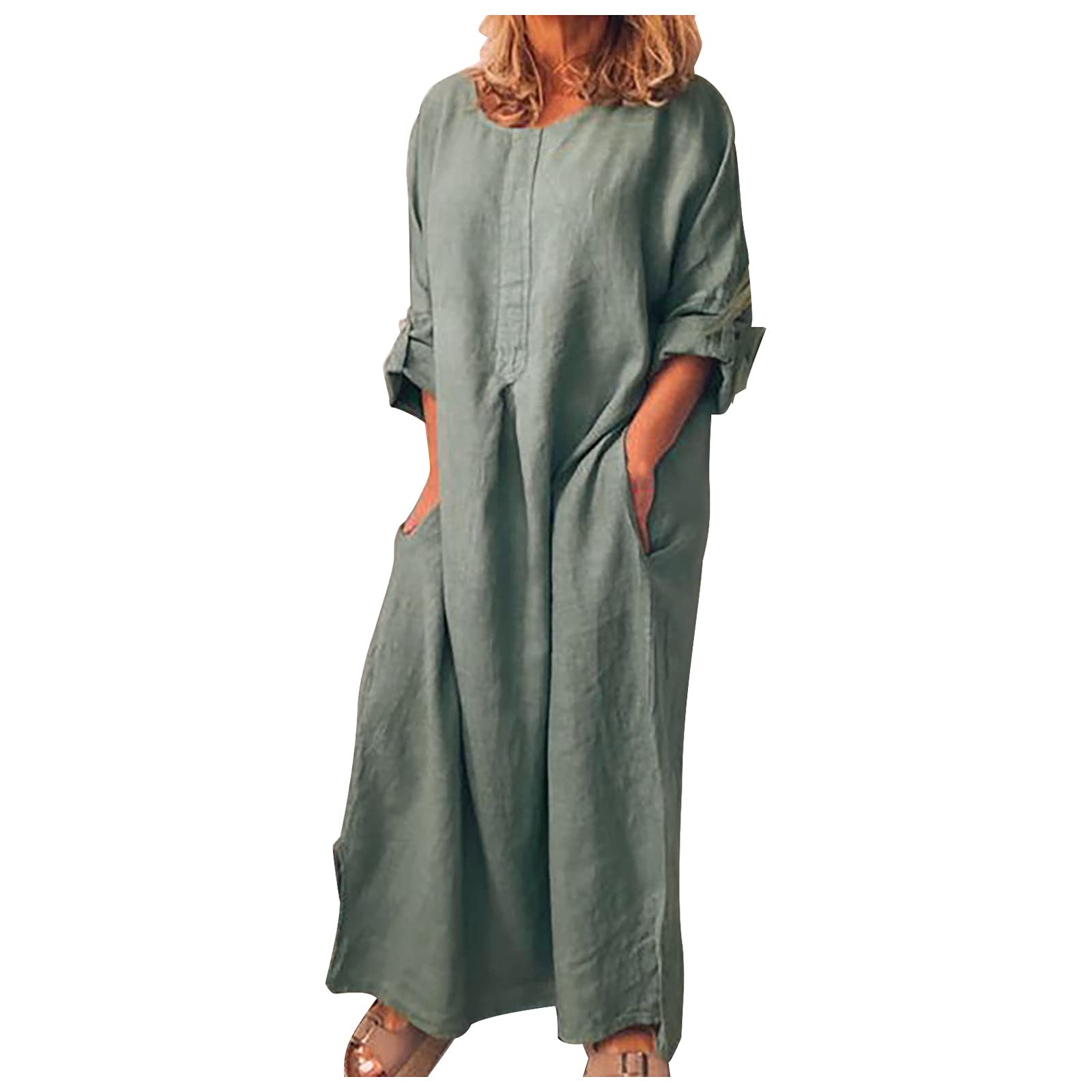 Women's Cotton Linen Dress with Pocket Loose Dresses Kaftan Dress Long Sleeve Summer Maxi Casual Sundress