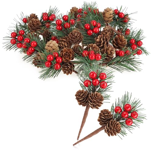 com-four® 20x Ramas Decorativas con Piñas de Alerce, Frutos Rojos y Agujas de árboles - Chispas navideñas - Ramas Decorativas para Coronas y arreglos (6 Piezas - Cuadros Rojos)