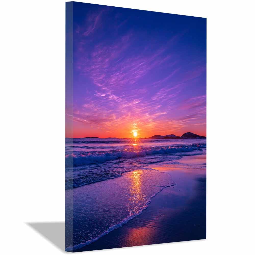 HOQIU Canvas Wall Art Purple Beacheses Sunset canvas art, art print, house decor, bedroom wall decor above bed, prints for living room.(Multicolor)-60x80cm Framed
