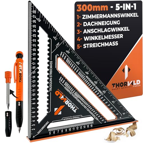 THORVALD Zimmermannswinkel 5-in-1 300 mm Winkelmesser Anschlagwinkel - Inkl. Tieflochmarker - Aluminiumwinkel zum präzisen Anreißen & Zeichnen/Multifunktional Perfekt um Zeit zu sparen