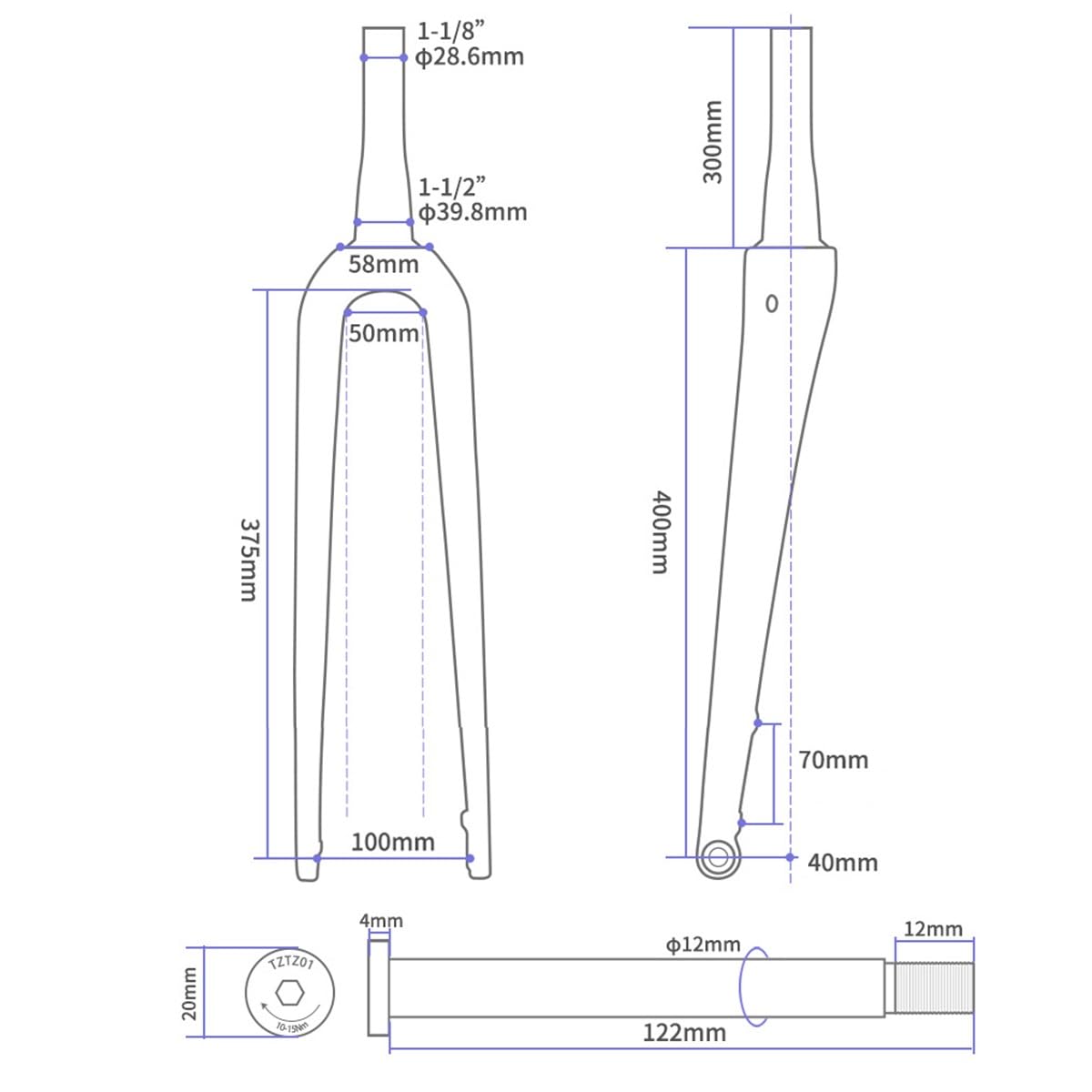 700C Kohlefaser Rennrad StarrGabeln 100x12mm Steckachse Scheibenbremse Vorderradgabel 1-1/8" Gewindeloses Konisches Rohr Fahrradgabel