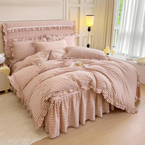 Image of LifeTB Pink Gingham Comforter Set Full Ruffle Pink Plaid Comforter Set 3 Pieces Grid Checkered Pattern Comforter with 2 Pillowcases Fluffy Boho Farmhouse Gingham Bedding Comforter for All Seasons