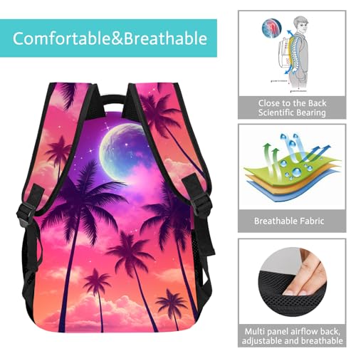 GNEW Hawaiian Tropical Beachy Backpack, Palm Tree Theme, Moon Galaxy Starry Stars, Purple Pink Hawaiian Print, Kids Elementary Middle High School Backpack, 16.5 Inch3