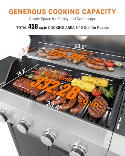Image of EUHOME 4-Burner Propane Gas BBQ Grill with Side Burner, 46,500 BTU Output Stainless Steel Barbecue Grill with Enameled Cast Iron Grates and Side Tables for Outdoor Cooking Kitchen and Patio Backyard